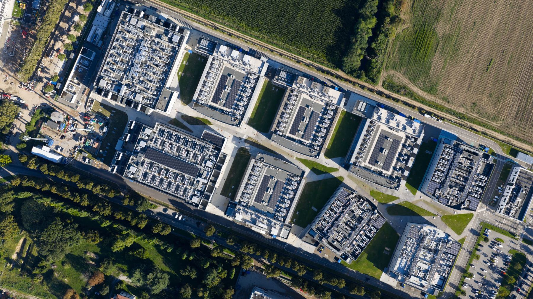 Aerial view of a large-scale data center campus