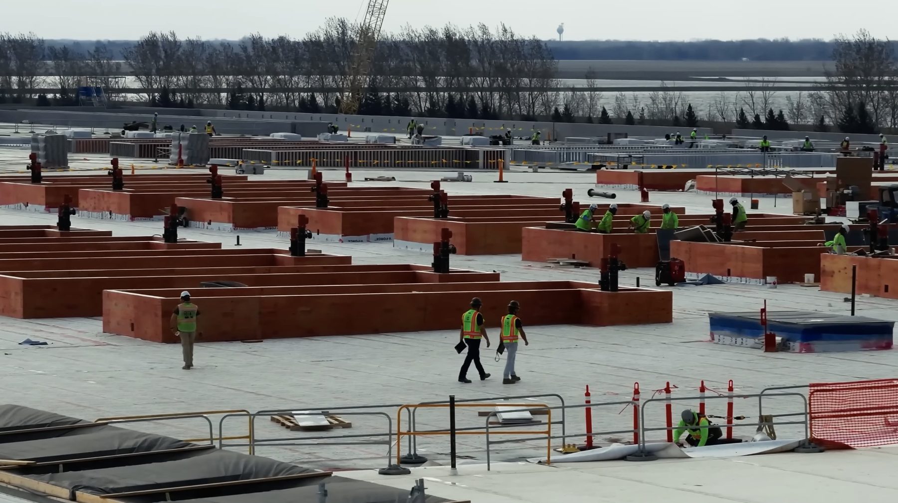 Data center building under construction with crews at work